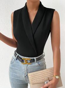 RosyDaze Solid Shawl Collar Bodysuit - Black - View 6