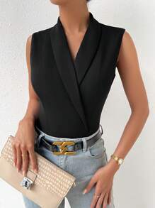 RosyDaze Solid Shawl Collar Bodysuit - Black - View 1