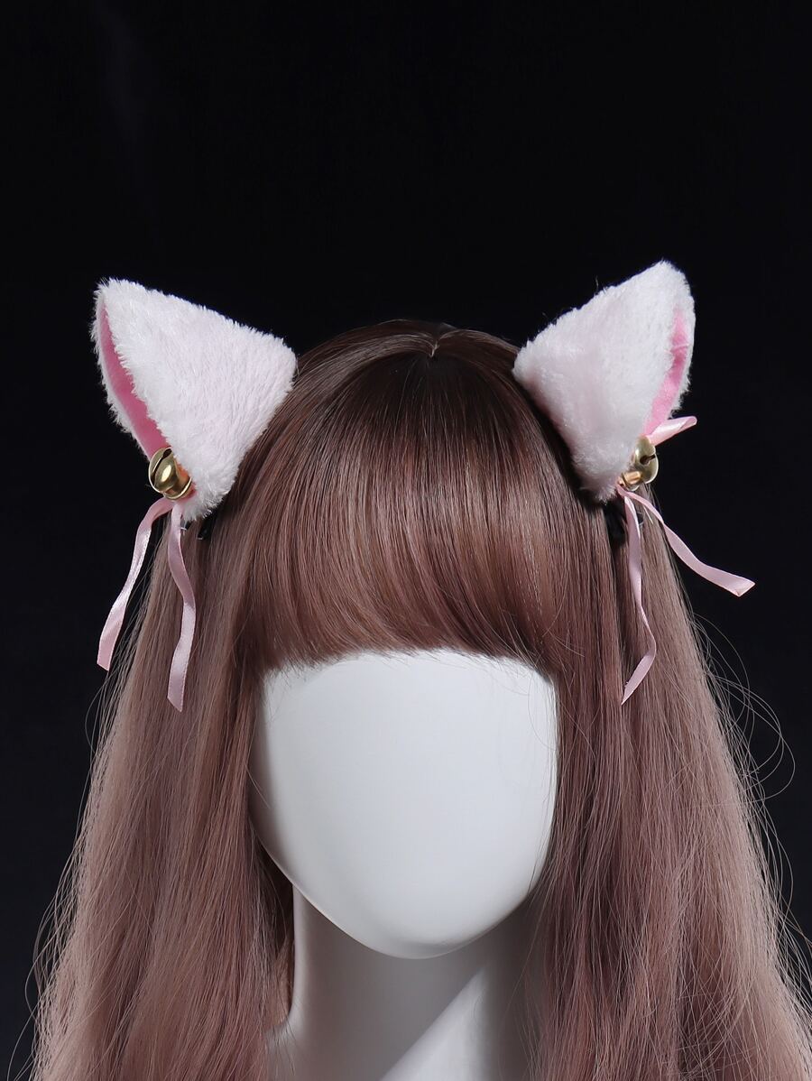 2pcs Women Fuzzy Cat Ear Decor Cute Hair Clip - White - View 1