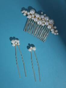 3入組女士人造珍珠裝飾優雅新娘髮夾和髮梳適用於婚禮派對 - 金色 - 查看 1