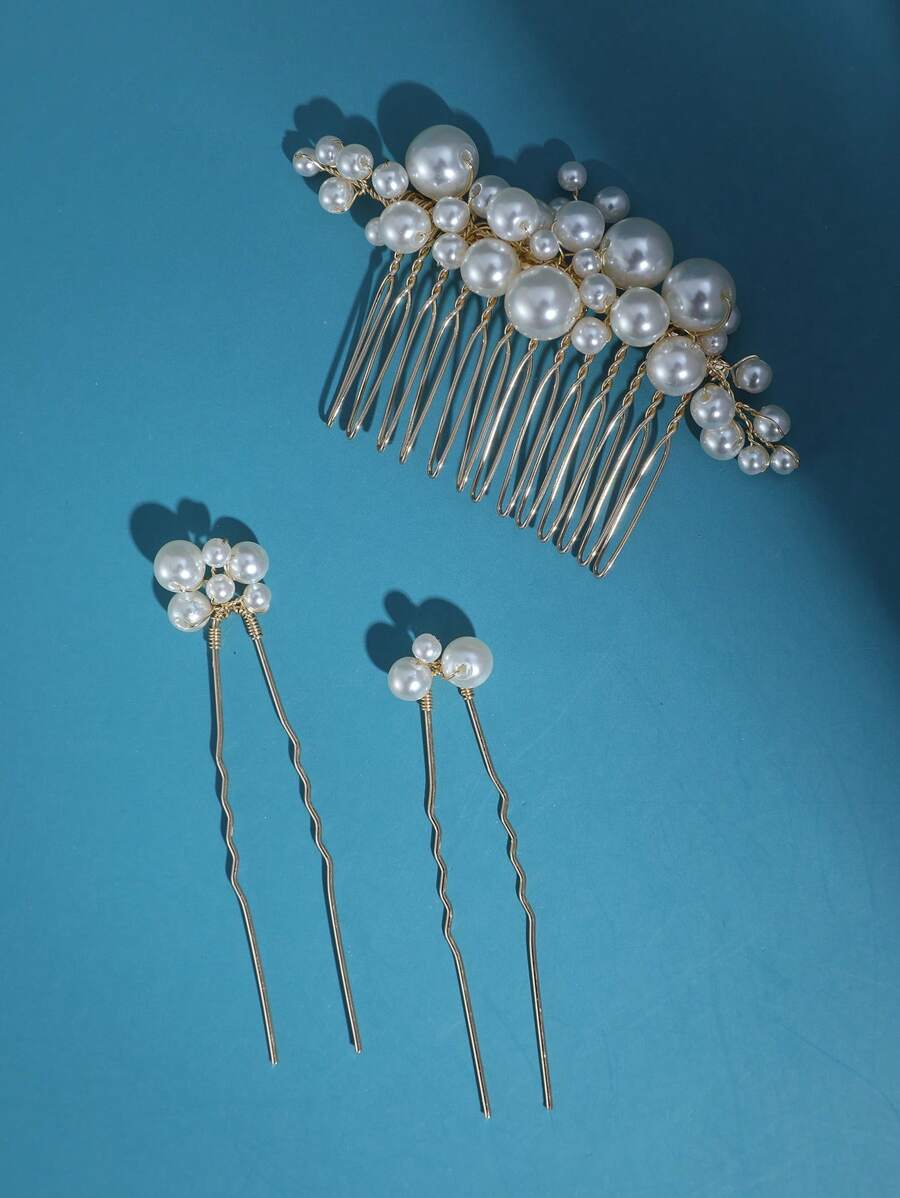 3入組女士人造珍珠裝飾優雅新娘髮夾和髮梳適用於婚禮派對 - 金色 - 查看 1