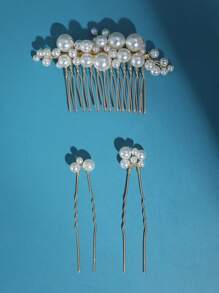 3入組女士人造珍珠裝飾優雅新娘髮夾和髮梳適用於婚禮派對 - 金色 - 查看 2