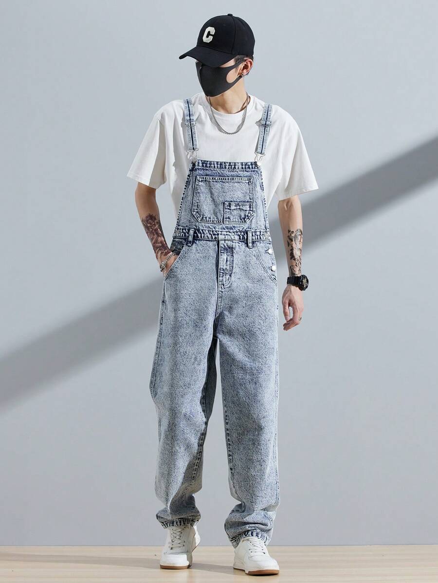 Aesthetic Post--Loose-Fit Men's Denim Overalls With Slanted Pockets (T-Shirt Not Included) - Light Wash - View 1