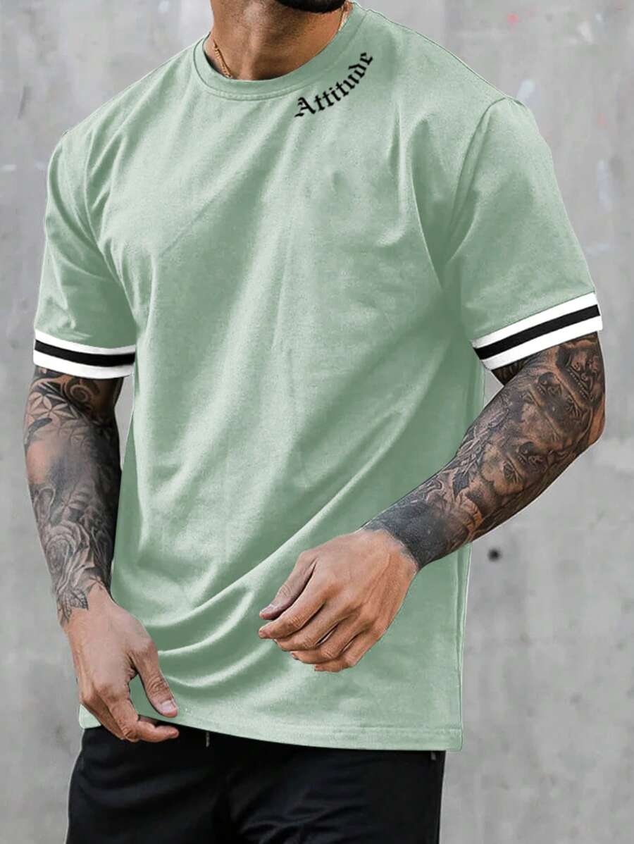 Manfinity Homme Men Letter Graphic Contrast Trim Tee - Mint Green - View 1