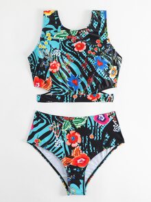 Floral Print High Waisted Bikini Set - Multicolor - View 3