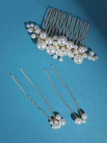 3入組女士人造珍珠裝飾優雅新娘髮夾和髮梳適用於婚禮派對 - 金色 - 查看 4