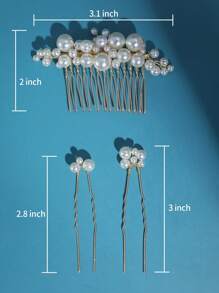 3入組女士人造珍珠裝飾優雅新娘髮夾和髮梳適用於婚禮派對 - 金色 - 查看 5