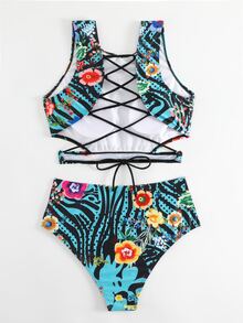 Floral Print High Waisted Bikini Set - Multicolor - View 4