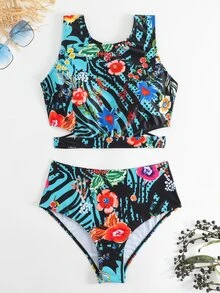Floral Print High Waisted Bikini Set - Multicolor - View 5