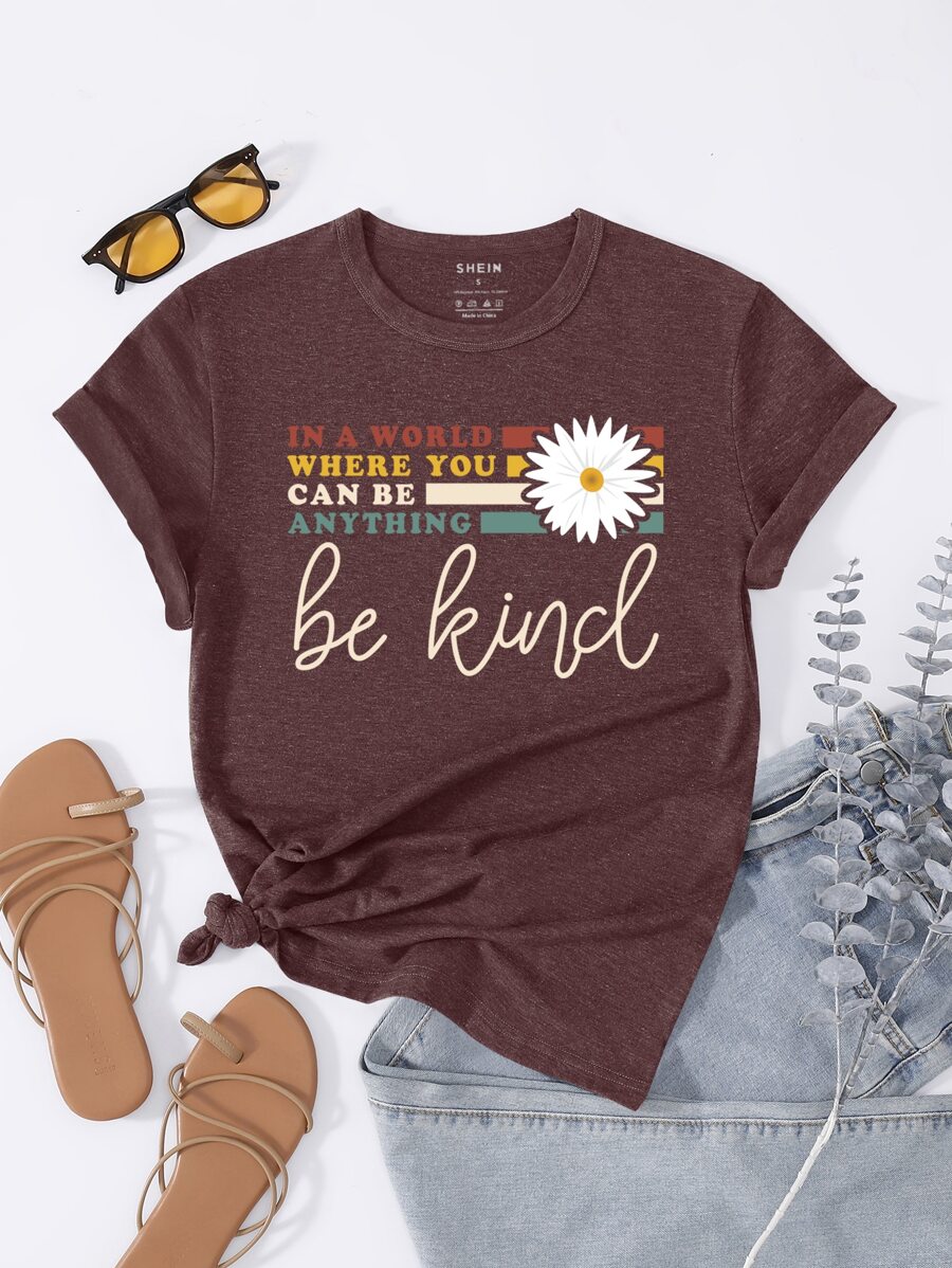 SHEIN LUNE Floral And Slogan Graphic Tee - Maroon - View 1