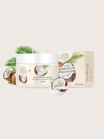 椰子牛奶大海鹽提亮身體磨砂膏230g,保濕和去角質發光身體,深層清潔,提亮和美白皮膚,浴缸淋浴身體水洗,更柔軟,椰子油