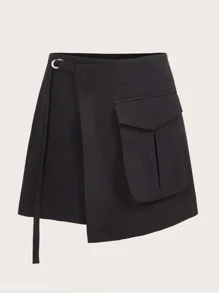 SHEIN EZwear Flap Pocket Wrap Hem Cargo Skirt - Black - View 1