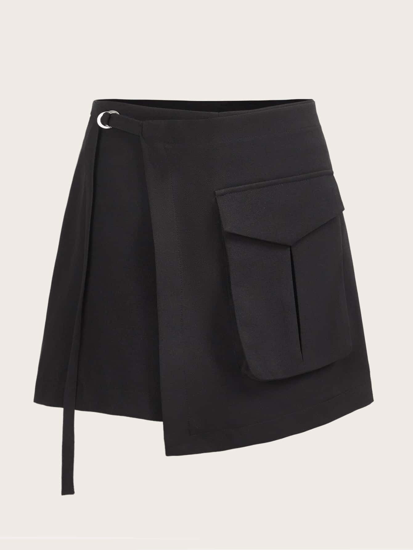 SHEIN EZwear Flap Pocket Wrap Hem Cargo Skirt - Black - View 1