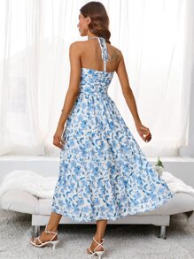 GENKIRA 印花後背繫帶多層下擺掛脖連衣裙 - 藍白色 - 查看 2