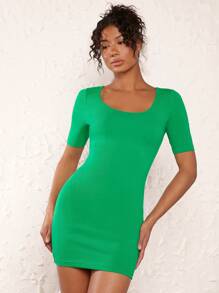 SHEIN BASICS Chất rắn Scoop Cổ Váy bodycon - màu xanh lá - Xem 1
