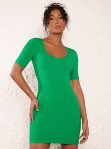 SHEIN BASICS Chất rắn Scoop Cổ Váy bodycon - màu xanh lá - Xem 5