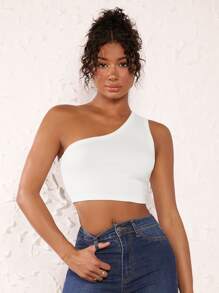 SHEIN BASICS 單肩實色短款上衣 - 白色 - 查看 1