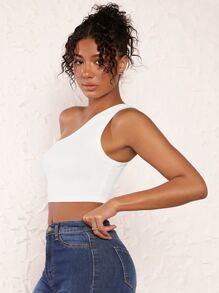 SHEIN BASICS 單肩實色短款上衣 - 白色 - 查看 6