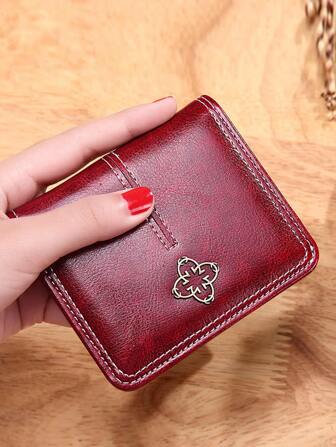 Short Clover Small Wallet For Women, Thin Multi-Card Slots Fold-Over Large Capacity Leather Coin Purse, Card Case