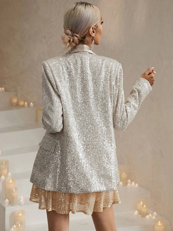 SHEIN BAE Shawl Collar Flap Detail Sequin Blazer SHEIN USA