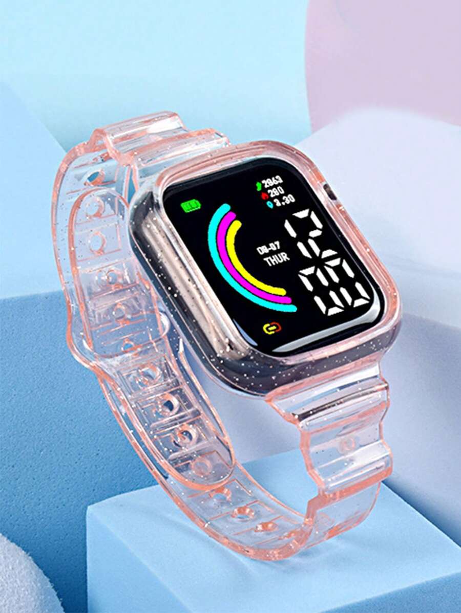 透明帶方形電子錶 - 粉色 - 查看 1