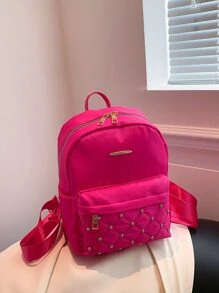 Medium Fashion Backpack Neon Pink Metal & Studded Decor School Bag Bookbag For School Outdoors Portable,Lightweight - Hot Pink - View 2