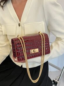 1pc Faux Leather Crocodile Embossed Pattern Mini Chain Shoulder Bag, Fashion - Burgundy - View 2