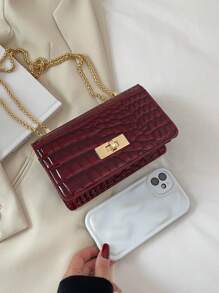 1pc Faux Leather Crocodile Embossed Pattern Mini Chain Shoulder Bag, Fashion - Burgundy - View 5