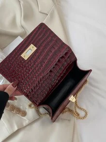 1pc Faux Leather Crocodile Embossed Pattern Mini Chain Shoulder Bag, Fashion - Burgundy - View 6