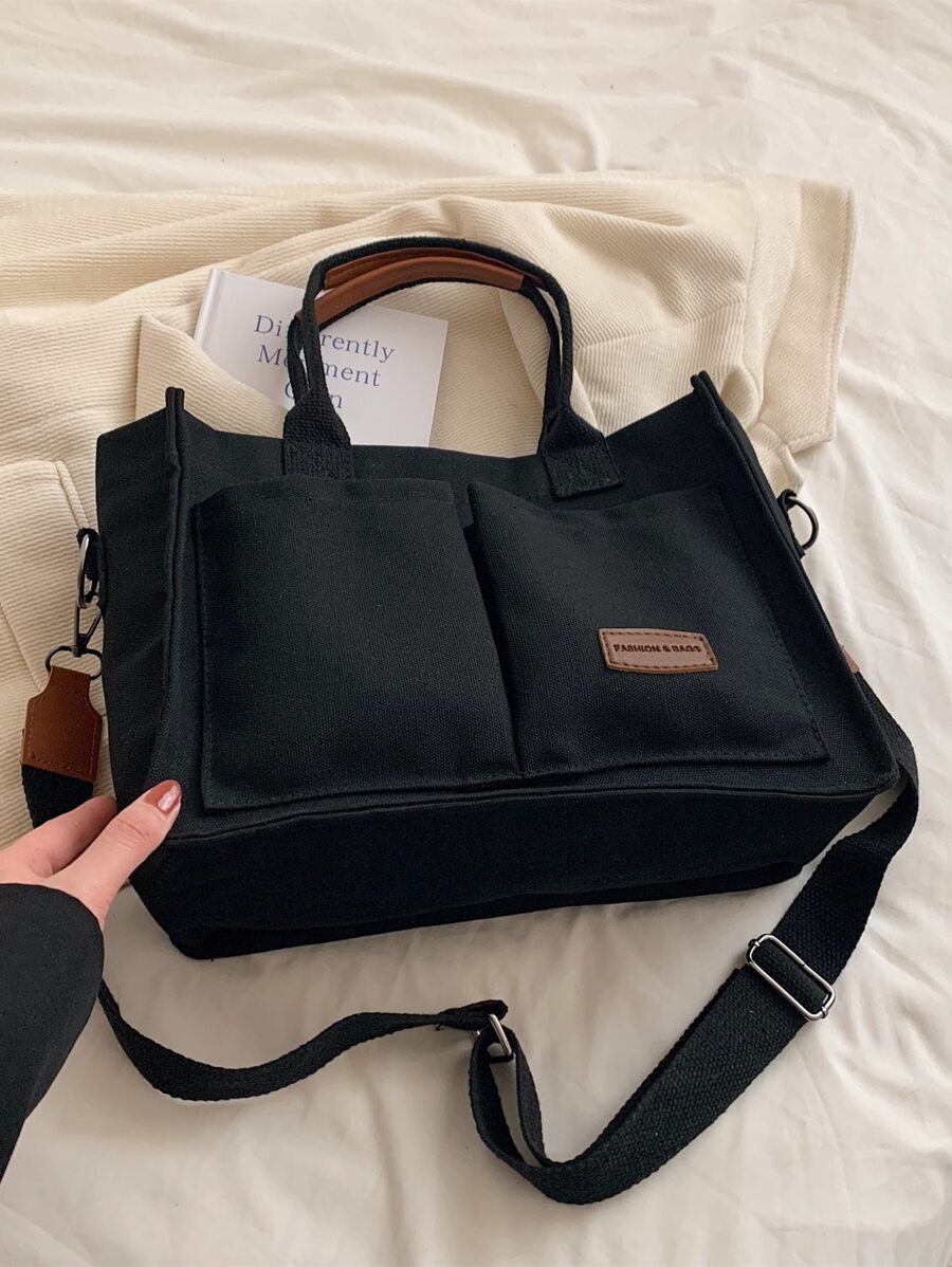 Small Shopper Bag Double Handle Letter Patch Decor For Women, Rookies & White-Collar Workers, Tote Bags For Students, Multiple Compartments, Perfect For Beach, School, Work & Daily Use - 黑色 - 查看 1