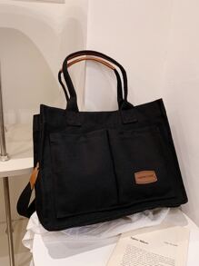 Small Shopper Bag Double Handle Letter Patch Decor For Women, Rookies & White-Collar Workers, Tote Bags For Students, Multiple Compartments, Perfect For Beach, School, Work & Daily Use - 黑色 - 查看 3