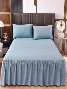 1 Chiếc Váy Ngủ Viền Xù Chắc Chắn, Bộ Chăn Ga Gối Màu Trơn Đơn Giản Váy Giường Cho Phòng Ngủ - Màu xanh lam - Xem 1