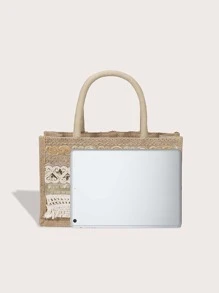 小托特包亚麻流蘇和亮片裝飾 - 卡其色 - 查看 3