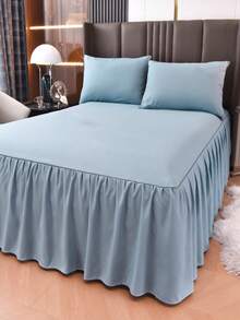 1 Chiếc Váy Ngủ Viền Xù Chắc Chắn, Bộ Chăn Ga Gối Màu Trơn Đơn Giản Váy Giường Cho Phòng Ngủ - Màu xanh lam - Xem 2