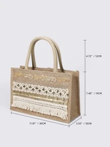 小托特包亚麻流蘇和亮片裝飾 - 卡其色 - 查看 4