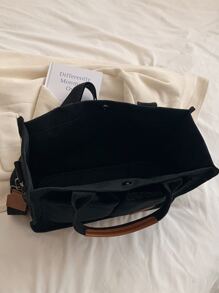 Small Shopper Bag Double Handle Letter Patch Decor For Women, Rookies & White-Collar Workers, Tote Bags For Students, Multiple Compartments, Perfect For Beach, School, Work & Daily Use - 黑色 - 查看 5