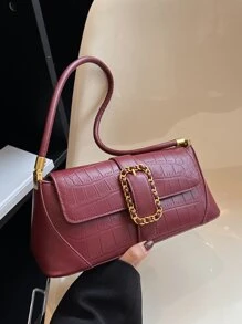 中等法棍包鱷魚壓紋搭扣裝飾翻蓋 - 紅色 - 查看 1