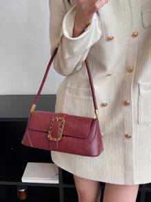 中等法棍包鱷魚壓紋搭扣裝飾翻蓋 - 紅色 - 查看 2