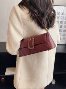 中等法棍包鱷魚壓紋搭扣裝飾翻蓋 - 紅色 - 查看 4