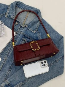 中等法棍包鱷魚壓紋搭扣裝飾翻蓋 - 紅色 - 查看 5