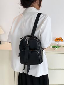 Mini Litchi Embossed Classic Backpack Black Pocket Front For Daily