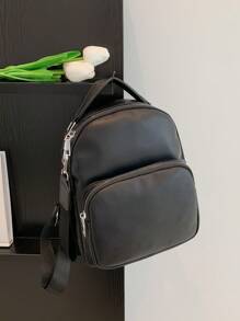 Mini Litchi Embossed Classic Backpack Black Pocket Front For Daily