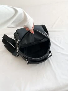 Mini Litchi Embossed Classic Backpack Black Pocket Front For Daily