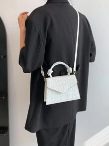 Mini Square Bag Crocodile Embossed Knot Handle Design - Beige - View 3