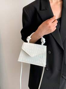 Mini Square Bag Crocodile Embossed Knot Handle Design - Beige - View 8