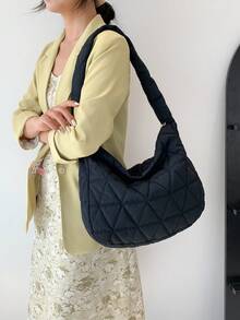 Quilted Hobo Bag Black Large Capacity Top Handle For Daily - Black - View 3