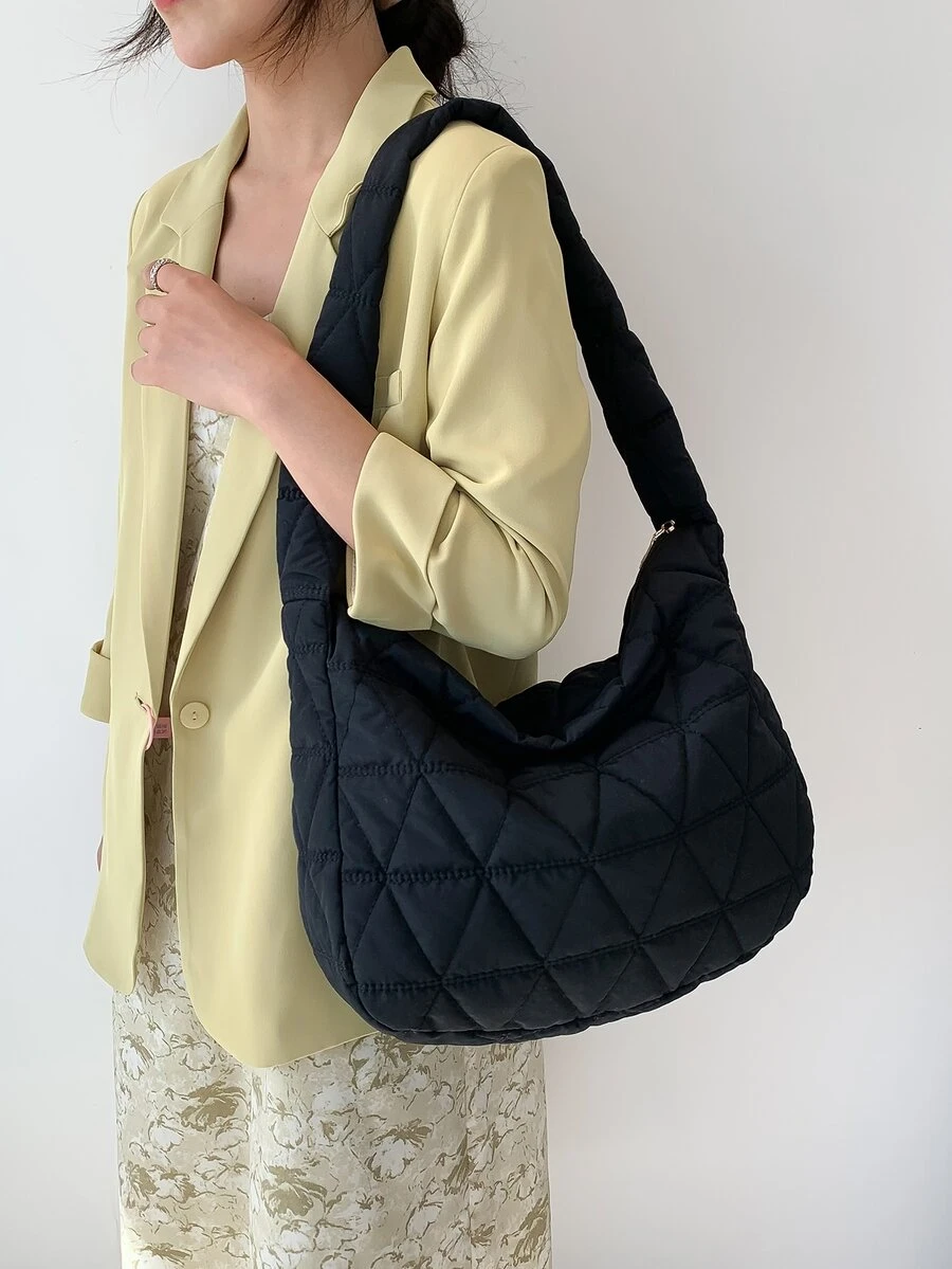 Quilted Hobo Bag Black Large Capacity Top Handle For Daily - Black - View 1