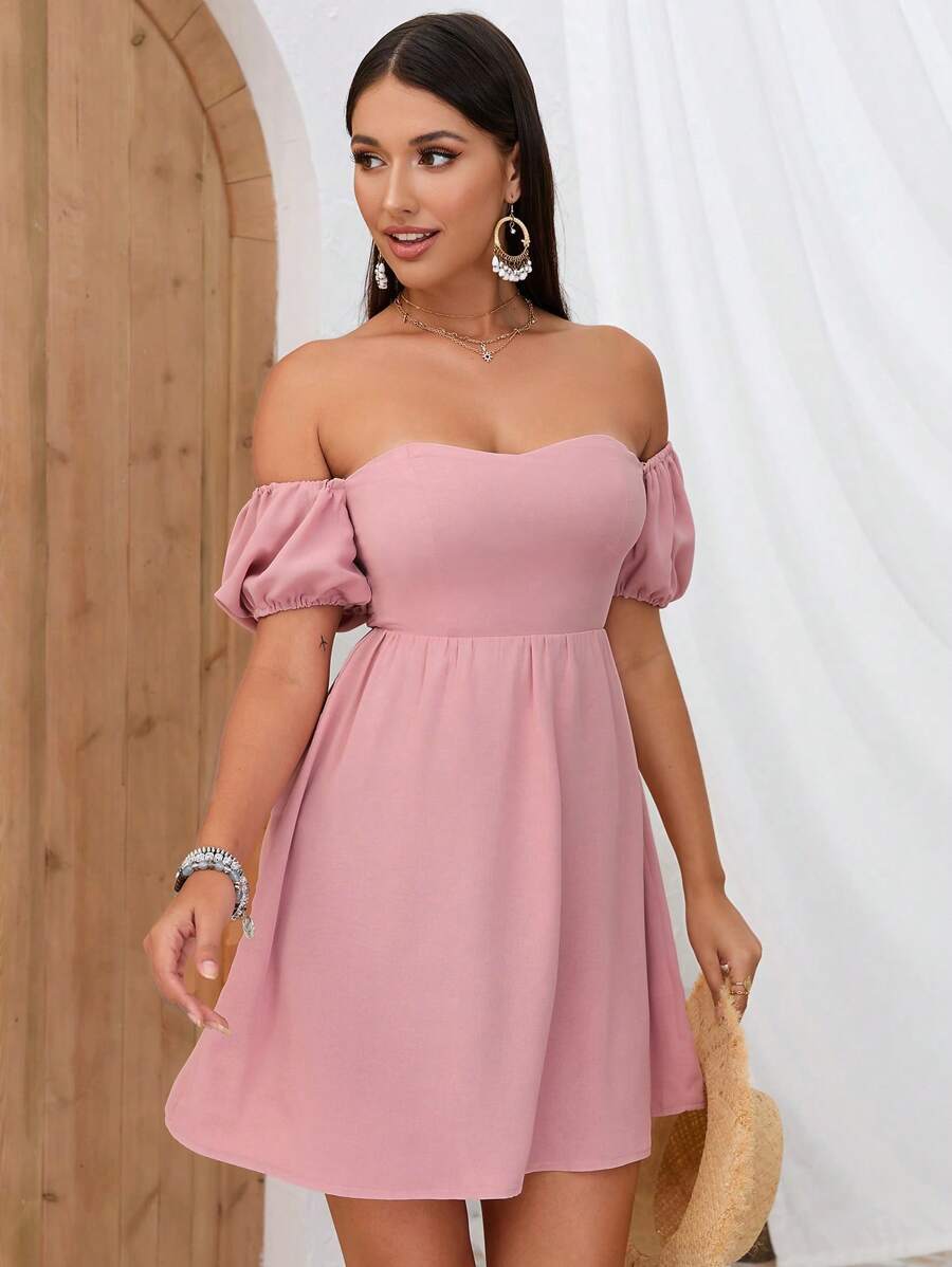 SHEIN Privé Đầm Dải chun màu trơn Boho - Hồng - Xem 1