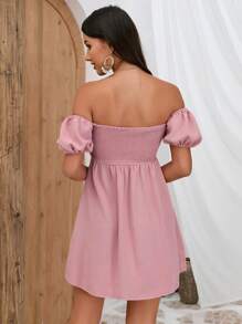 SHEIN Privé Đầm Dải chun màu trơn Boho - Hồng - Xem 2