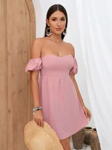 SHEIN Privé Đầm Dải chun màu trơn Boho - Hồng - Xem 3